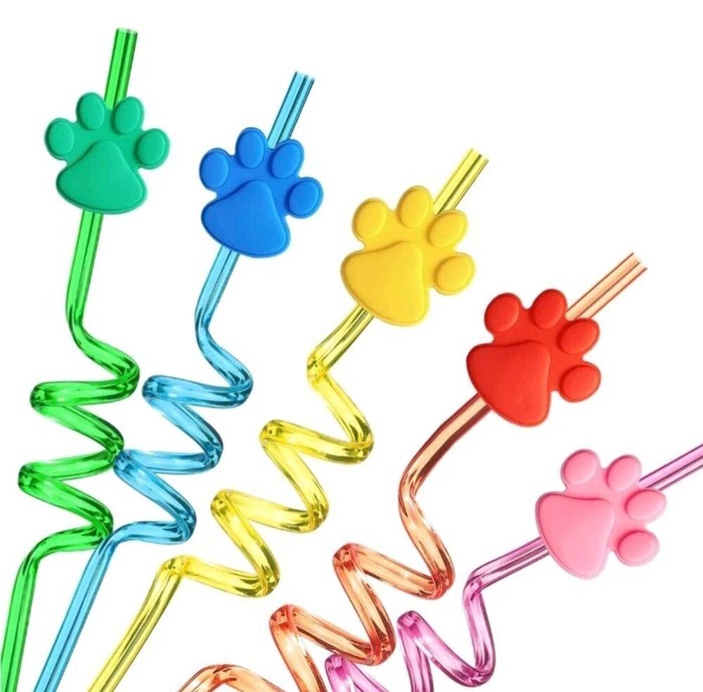 24 Piece Reusable Straws Paw Print Party Favors for Kids + 2 Cleaning Brushes